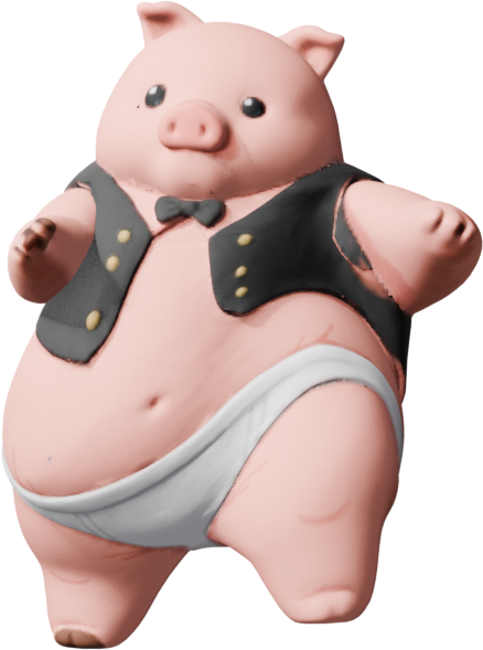 a fat pig in a waistcoat and briefs, mid jump